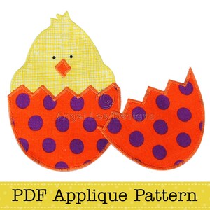 May include: A PDF applique pattern for a yellow chick hatching from a purple and orange polka dot egg. The pattern includes a chick and a broken eggshell.