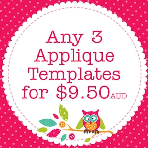 Puede incluir: Un círculo blanco con un borde festoneado sobre un fondo rosa con lunares blancos. El círculo contiene el texto "Any 3 Applique Templates for $9.50 AUD" y un búho de dibujos animados en colores verde, naranja y rosa.
