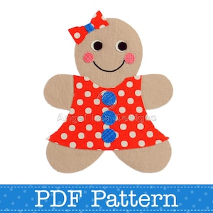 Peut inclure: Un modèle d'applique en forme de bonhomme en pain d'épices au format PDF. L'applique est en feutre et présente une robe rouge à pois blancs, des boutons bleus et un nœud rouge.