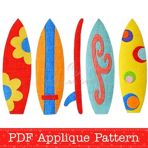 May include: Five colorful surfboard applique patterns. The surfboards are in various colors and patterns, including red, yellow, blue, orange, and green.  PDF Applique Pattern.