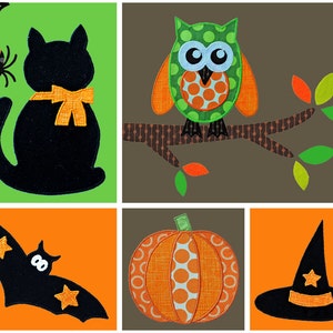 May include: A set of five Halloween-themed felt appliques. The appliques include a black cat with an orange bow, an owl perched on a branch, a bat with two stars, a pumpkin with orange and white polka dots, and a black witch's hat with an orange star.