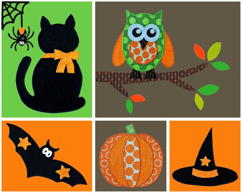 Halloween Applique Template Set. Pumpkin, Jack O Lantern, Witches Hat, Cat, Owl, Branch, Spider Web. Multiple Purchase Discount image 1