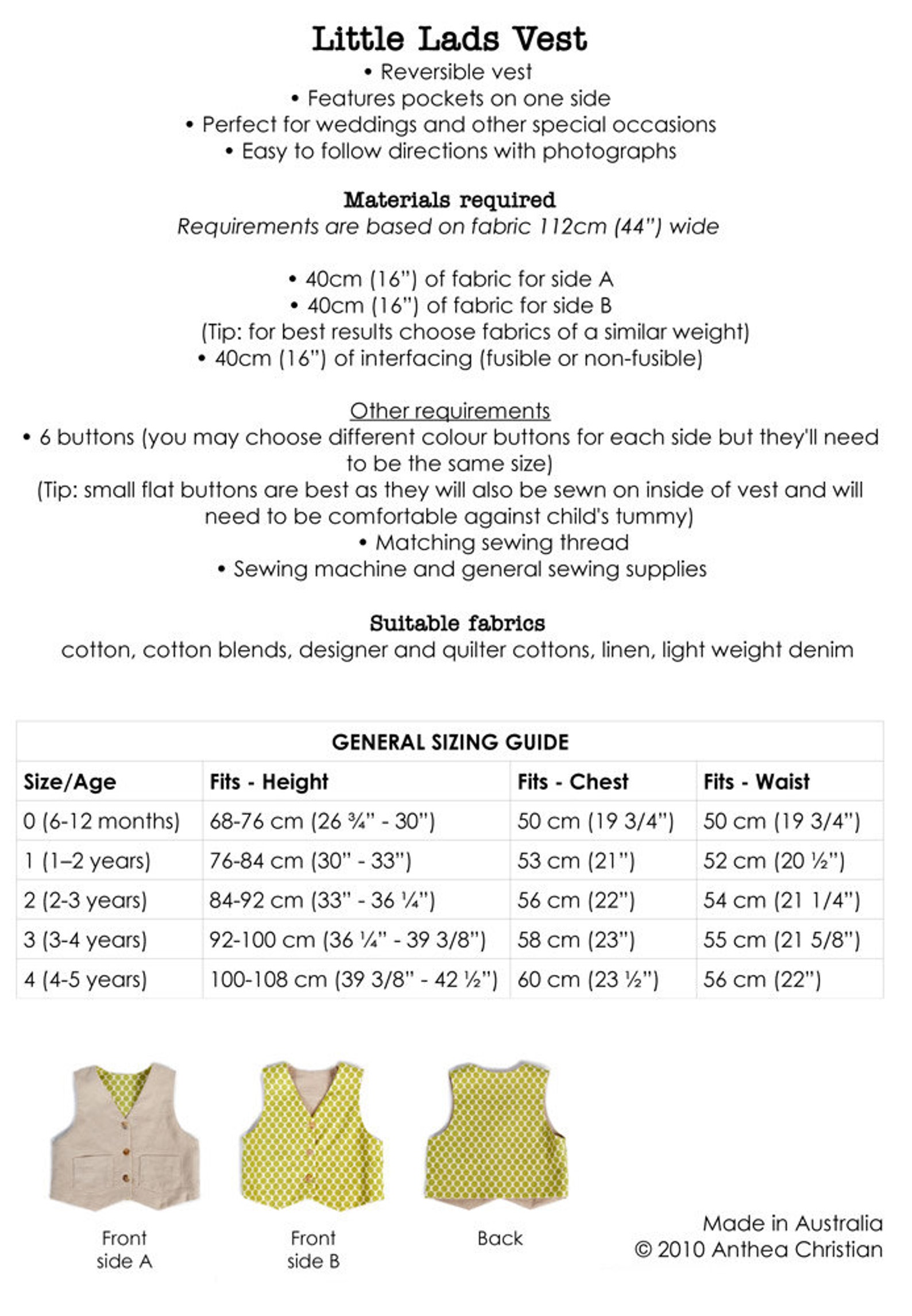 Vest Pattern. PDF Sewing Pattern for Little Lads' Etsy Canada