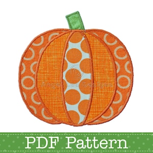 May include: A PDF pattern for a patchwork pumpkin applique. The pumpkin is made of orange fabric with white polka dots, orange fabric with a checkered pattern, and white fabric with orange polka dots. The pumpkin has a green stem.