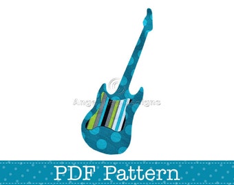 Könnte beinhalten: Eine blaue und grüne E-Gitarre mit einem Tupfenmuster. Die Gitarre ist schwarz umrandet und hat einen weißen Streifen in der Mitte. Der Text "PDF Pattern" befindet sich am unteren Rand des Bildes.