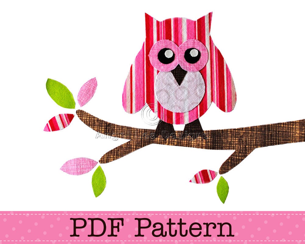 Owl on Branch Applique Template, Bird, Animal, DIY, Children, PDF Pattern by Angel Lea Designs, Inst