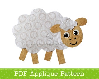 May include: A PDF applique pattern for a cute white sheep with brown legs and a brown face. The sheep has a white fluffy head and a happy smiling face.