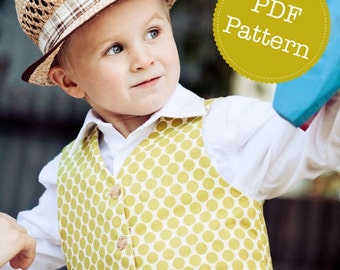 May include: A young boy wearing a white shirt with a yellow polka dot vest and a brown woven hat. The text "PDF Pattern" is on a yellow circle.