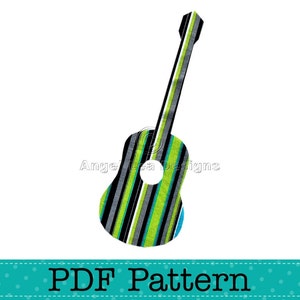 May include: A PDF pattern for sewing a guitar-shaped applique. The guitar is black, green, and white with a striped pattern.