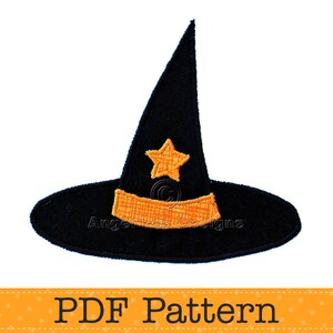 May include: A black witch hat with an orange star on the front. The hat is a PDF pattern for sewing.