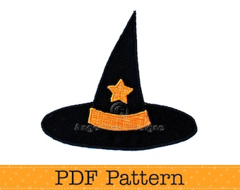 May include: A black witch hat with an orange star on the front. The hat is a PDF pattern for sewing.