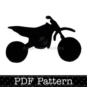 May include: Black silhouette of a dirt bike with two wheels.  The bike is facing right.  The image has the text "PDF Pattern" at the bottom.