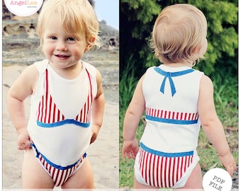 May include: A PDF pattern for a red and white striped bikini applique for a baby onesie. The pattern includes a bow detail on the back.