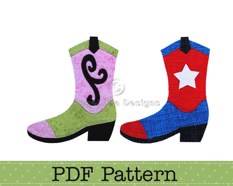 Cowgirl Boot Applique Template and Cowboy Boot Applique Template. PDF Applique Patterns by Angel Lea Designs 