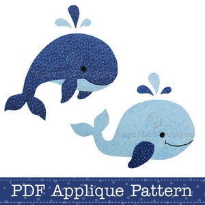 May include: Two whale applique patterns, one blue and one light blue, with a splatter of water above each. The text "PDF Applique Pattern" is at the bottom of the image.