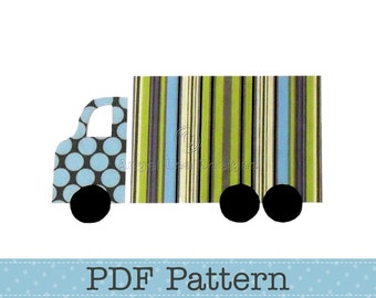 May include: A PDF pattern for a truck applique. The truck is blue with white polka dots and a green, white, and gray striped box. The truck has black wheels.