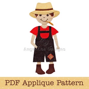 May include: PDF applique pattern for a cartoon farmer with a straw hat, red shirt, blue overalls, and a piece of straw in his mouth.