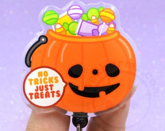 No Tricks Just Treats Halloween Pumpkin Badge Reel, Candy Lanyard, Cute October ID Holder, Nurse Carabiner, Teacher, Pediatrics RN Carabiner