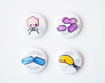 Microbiology Button or Magnet Set, Bacteria, Science Gift, Biology Gift, Cute Button, Virus Button, Teacher Gift, Stocking Stuffer, roocharm