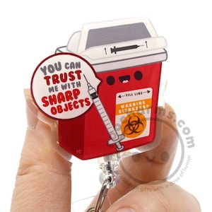 Sharps Container Cute Acrylic ID Badge Reel for Phlebotomists, Phlebotomy Techs, Nurses, Medical Assistants Environmental Services roocharms