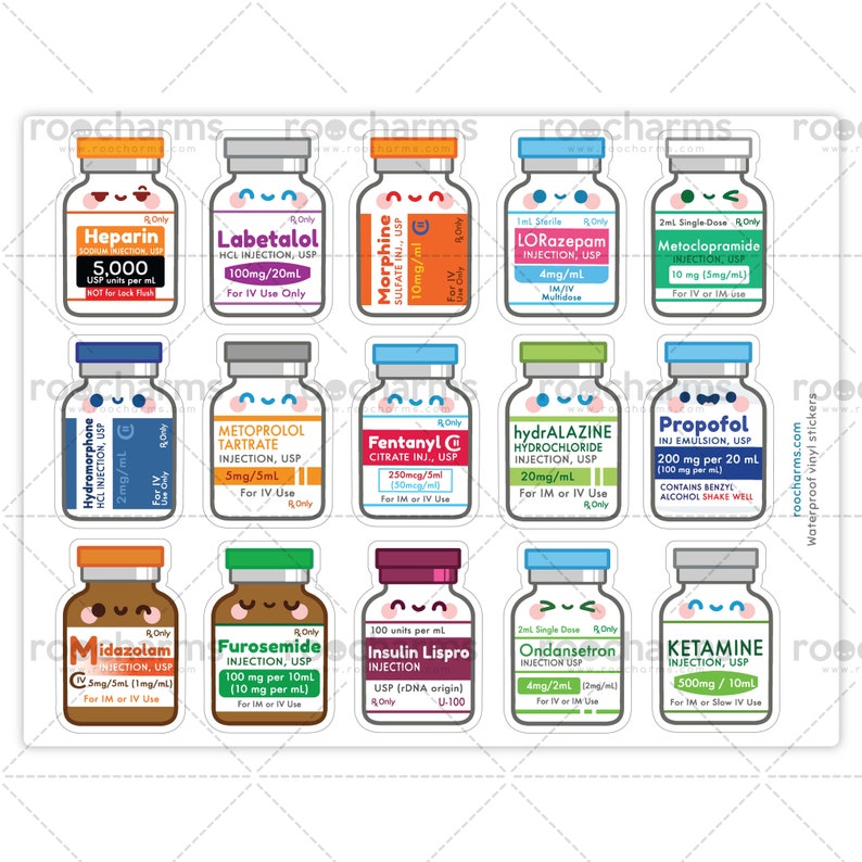Set of Medication Vial Stickers for Nurses Week Gifts, Nursing Students, Pharmacists, Pharmacy Techs, Pharmacy Students, CPhTs, Healthcare Version 1