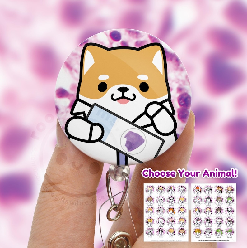 May include: A purple and white tie-dye retractable badge holder with a cartoon Shiba Inu wearing a lab coat and holding a test tube. The text "Choose Your Animal!" is on a white banner below the badge holder. There are multiple smaller images of different animals in lab coats on a white background.