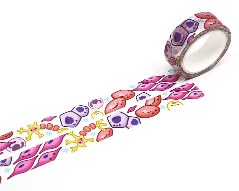 May include: A roll of washi tape with a white background and a colorful pattern of cartoon cells, including red blood cells, purple cells, and yellow cells. The tape is partially unrolled, showing the pattern.