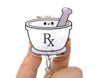 Mortar and Pestle Badge Reel for Pharmacists, Pharmacy Students, CPhT, Certified Pharm Techs, Sales, Cute Funny Heavy Duty Lanyard ID Holder
