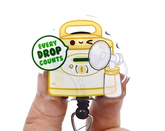 May include: A yellow breast pump badge reel featuring a cartoon face and a green speech bubble with the text EVERY DROP COUNTS. The device includes a clear collection bottle and a pump flange attached to the side, all mounted on a black retractable cord.