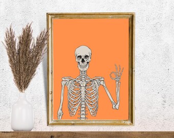 Skeleton Halloween Print | Skeleton Wall Art | Halloween PRINTABLE Wall Art | Instant Download | Print | Halloween Decor | Orange