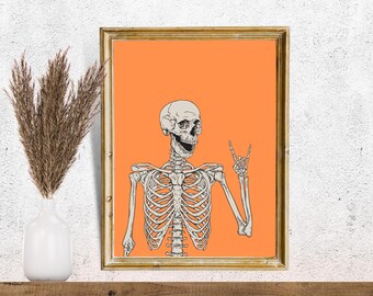 Skeleton Halloween Print | Skeleton Wall Art | Halloween PRINTABLE Wall Art | Instant Download | Print | Halloween Decor | Orange