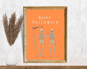 Skeleton Halloween Print | Skeleton Wall Art | Halloween PRINTABLE Wall Art | Instant Download | Print | Halloween Decor | Orange