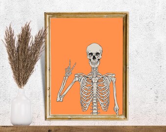 Skeleton Halloween Print | Skeleton Wall Art | Halloween PRINTABLE Wall Art | Instant Download | Print | Halloween Decor | Orange