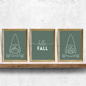 Set of 3 | Hello Fall Gnome Pumpkin Decor Print | PRINTABLE Wall Art | Instant Download | Print Set | Minimalist| Thanksgiving Decor | Green