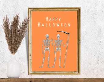 Skeleton Halloween Print | Skeleton Wall Art | Halloween PRINTABLE Wall Art | Instant Download | Print | Halloween Decor | Orange