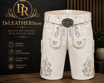 Genuine Goat Leather Bavarian Lederhosen Shorts – Traditional Embroidered Oktoberfest Cream White