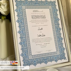 Deutsch Digitales Nikkah Zertifikat islamischer Ehevertrag personalisierte muslimische Heiratsurkunde Namen auf Arabisch