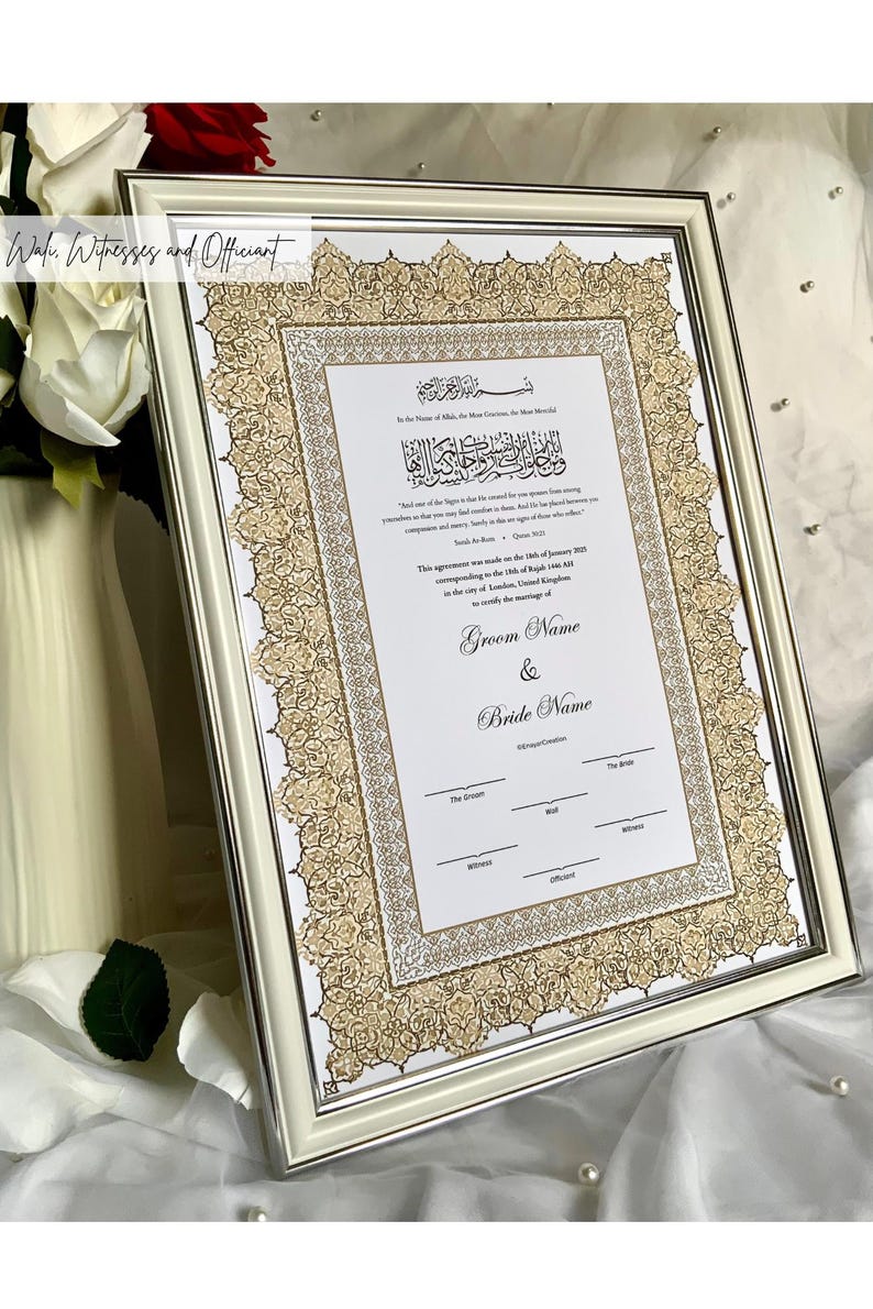 May include: A white framed document with gold calligraphy and an ornate border. The document is a Nikah certificate, a legal Islamic marriage contract. The text includes the Arabic phrase "In the Name of Allah, the Most Gracious, the Most Merciful." and the English text "This agreement was made on the 18th of January 2023 corresponding to 6th of Jumada Al-Awwal 1444 Hijri in the city of London, United Kingdom to certify the marriage of Groom Name & Bride Name."