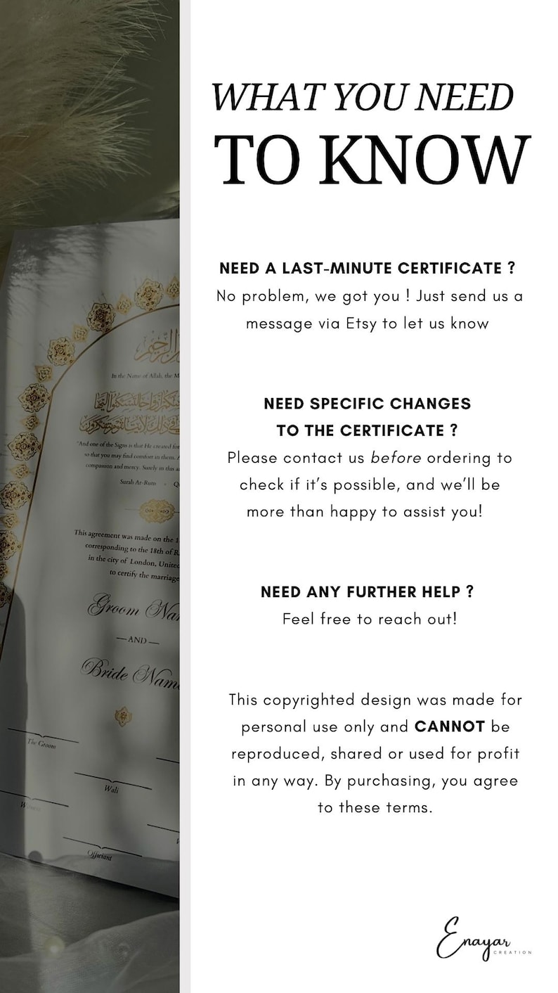 May include: A white background with black text explaining what you need to know about a last-minute certificate, specific changes to the certificate, and further help. The text also states that the design is copyrighted and cannot be reproduced, shared, or used for profit. The text includes the words "Enayar Creation".