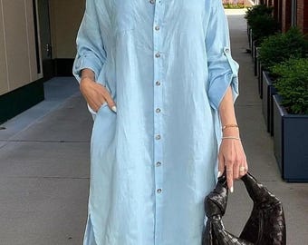 Long Sleeve Linen Dress for Women - Loose Fit Washed Linen Shirt  with Pockets| Casual Button-Down Tunic Style| Ankle Length| Loose Waist