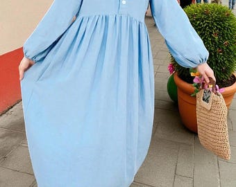 Sky Blue Linen dress | Oversized Voluminous Sleeves Dress | Modest Long Maxi Dress | Loose Fit Summer | Casual Boho Linen  Dress for Women