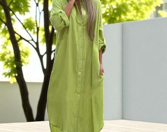 Linen Shirt Dress with Long Sleeve| Maxi Shirt Dress for Women| Collared linen dress| linen dress| Breastfeeding dresses |Maternity dress