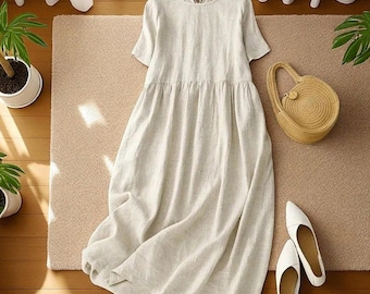 Linen Maxi Dress | Summer Midi Dress for Women | Bohemian Cotton Dress | Vintage Cottagecore Dress | Belted Summer Outfit | Gift for Her