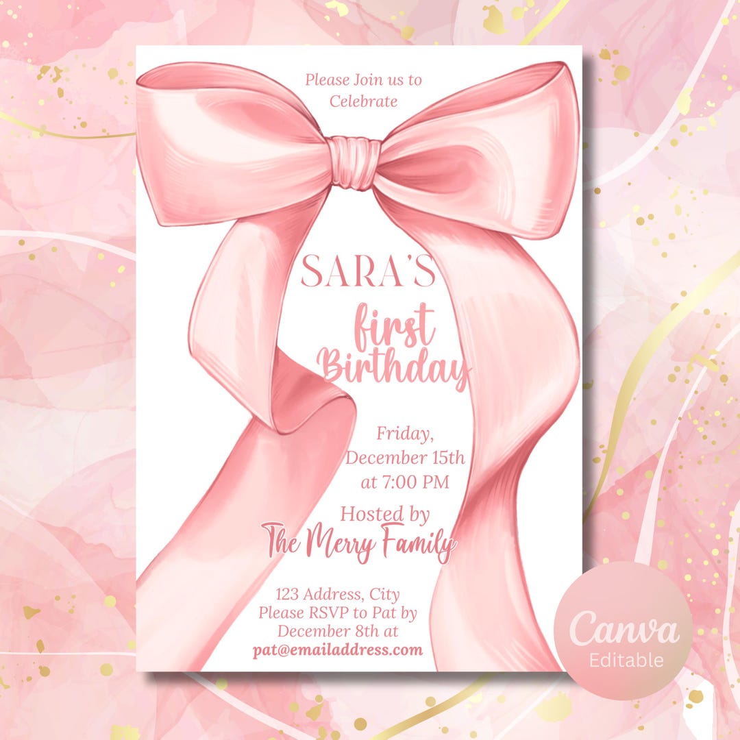 Pink Bow 1st Birthday Invitation Girl Editable Canva Template Elegant