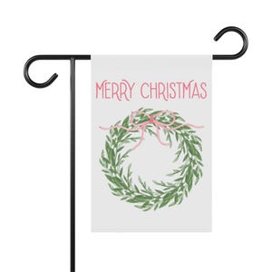 Preppy Pink Christmas Wreath Garden Flag, Outdoor Holiday Decor, Chic Christmas Flag, Christmas Decor, Preppy Christmas