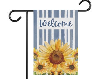 Bandera de jardín de girasoles de bienvenida: pancarta floral azul para exteriores