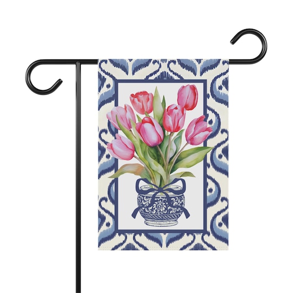 Bandera de jardín con tulipanes de primavera: Decoración floral de bienvenida al hogar.