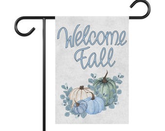 Welcome Fall Garden Flag: Blue Pastel Pumpkins, Outdoor Decor (12'' × 18'')