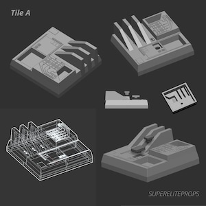 Puede incluir: Un modelo impreso en 3D de un panel de control futurista con un patrón de cuadrícula y varios botones. El modelo está en estilo de alambre, mostrando la estructura interna. El texto "Tile A" es visible en la esquina superior izquierda de la imagen.