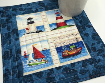 Navy Nautical Sea Blue Rug Mug Aqua Lake Braided Teal Criss Cross Seaside Mug Rug Kit Ocean Snack Mat quilt pattern